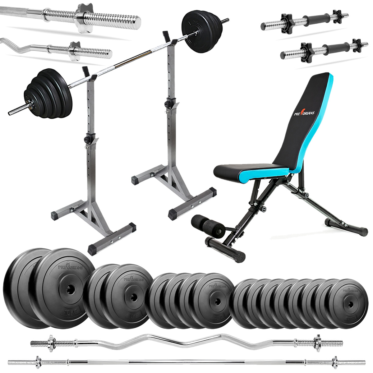 Zestaw do ćwiczeń 88kg z ławką treningową TB891, stojakami, sztangą / gryfem prostym 180cm, gryfem lekko łamanym 120cm, obciążeniem 50kg i hantlami